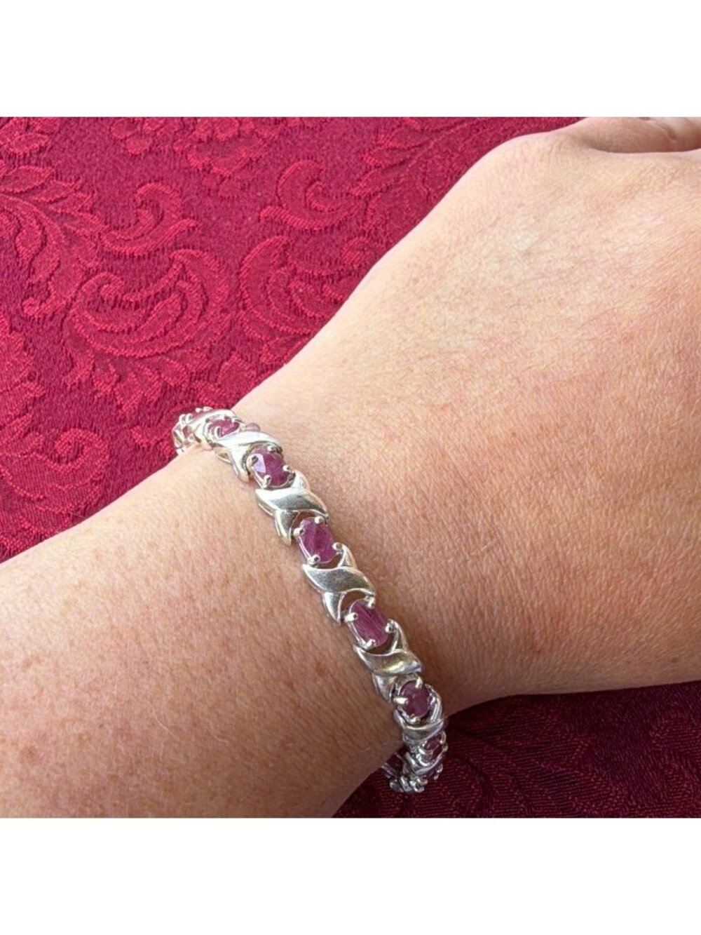 Vintage USJ 925 Sterling Silver Pink Ruby Tennis Bracelet XO Hugs Kisses Link